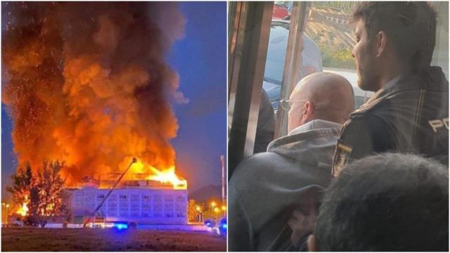 Imagen del incendio junto a otra del británico Neil Graham, gerente del hotel, custodiado por un agente de la Policía Nacional.