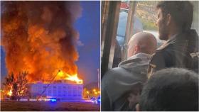 Imagen del incendio junto a otra del británico Neil Graham, gerente del hotel, custodiado por un agente de la Policía Nacional.