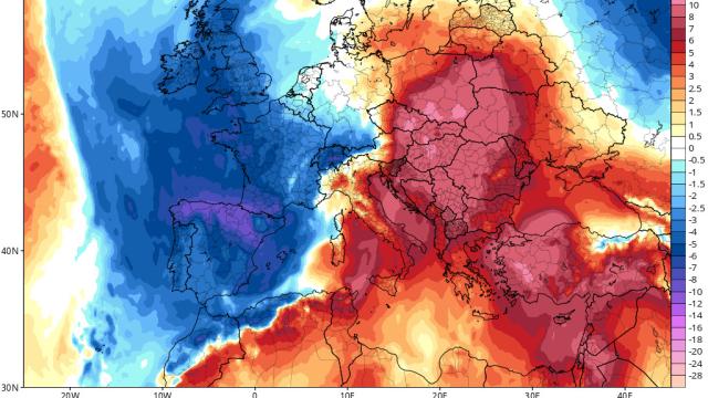 Mapa de anomalías de temperaturas previstas para el fin de semana.