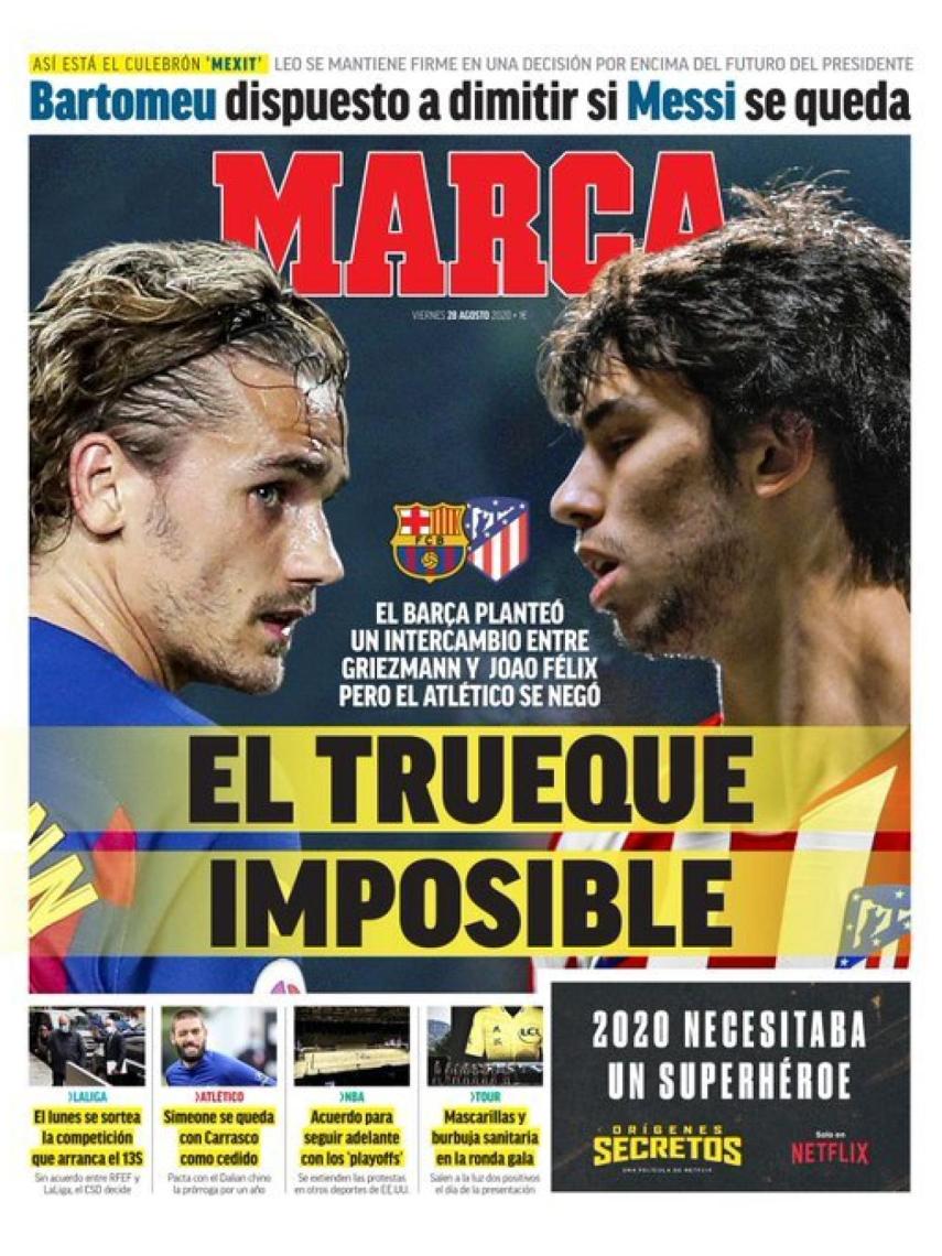 La portada del diario Marca 28-08-2020