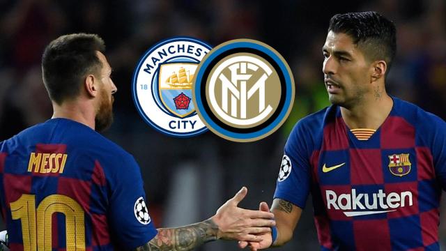 Leo Mess y Luis Suárez en un fotomontaje con los escudos del Inter de Milán y el Manchester City