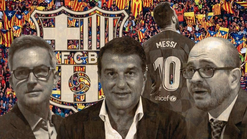 Fotomontaje de los aspirantes separatistas a presidir el Barça: Font, Laporta y Farré