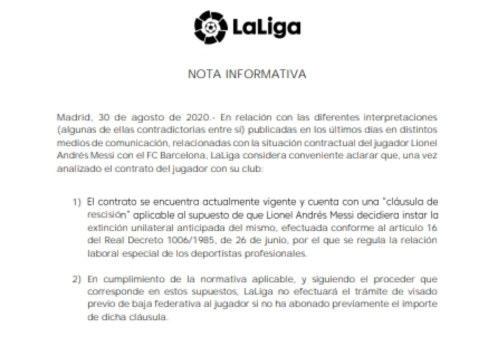 LaLiga, sobre la cláusula de Messi