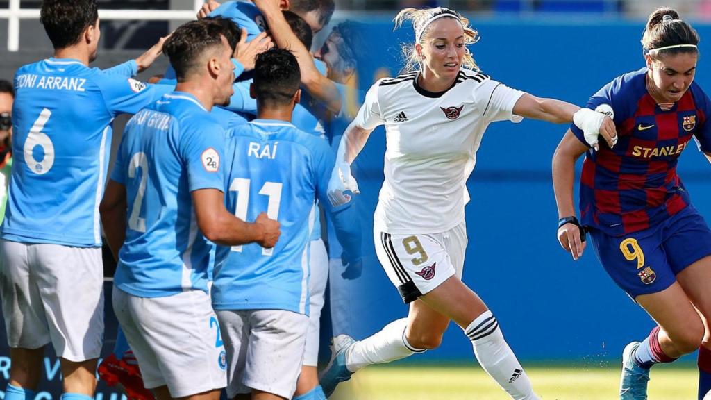 Los jugadores de la UD Ibiza celebran un gol; una jugadora del Real Madrid Femenino persigue a otra del FC Barcelona