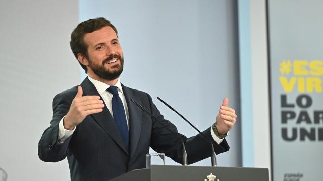 Pablo Casado, durante una rueda de prensa en Moncloa.