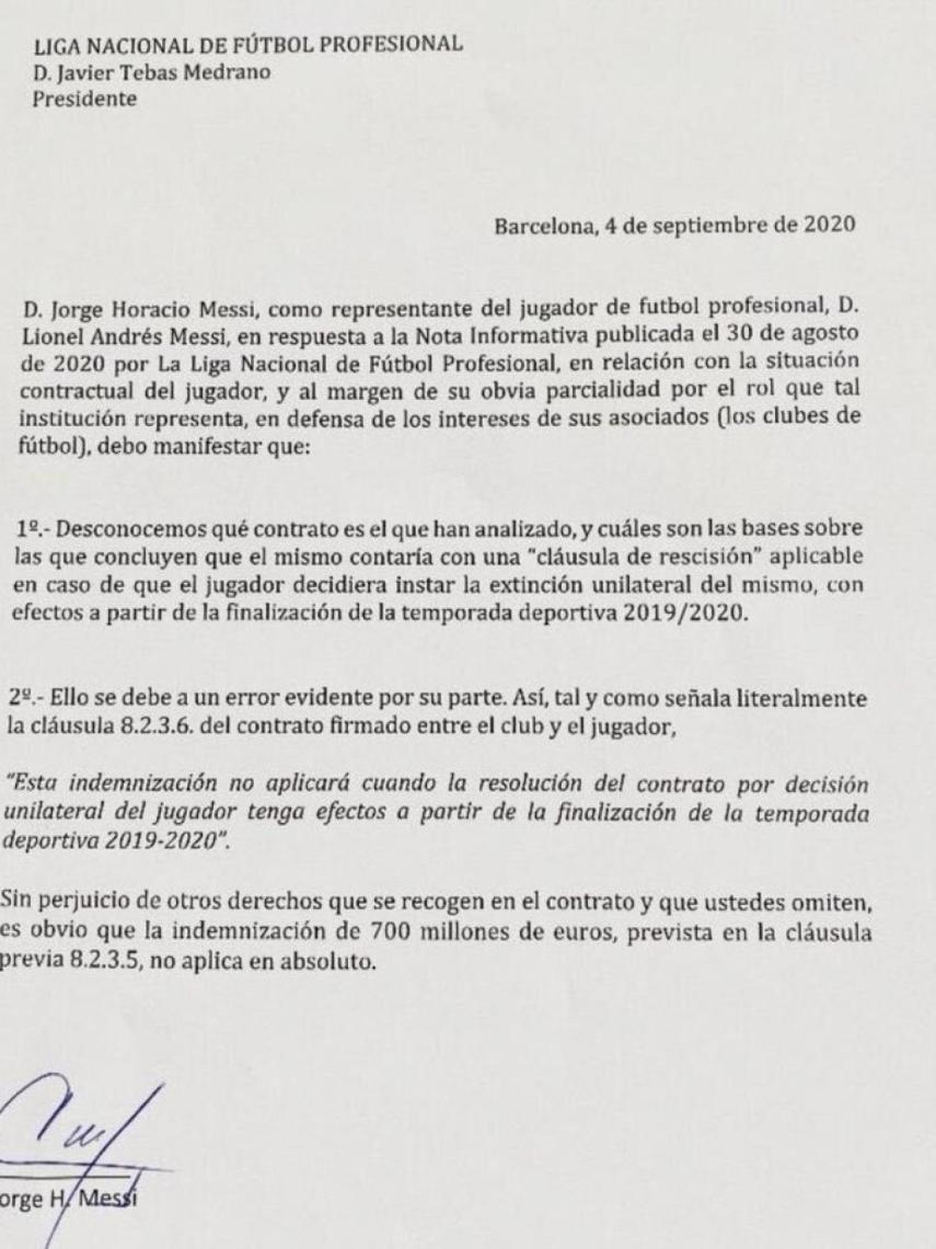 Comunicado de Jorge Messi a LaLiga