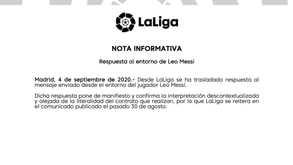 Nota Informativa de LaLiga en respuesta a Messi