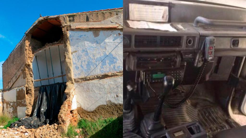 Un cuartel y el interior de uno de los vehículos empleados en la zona rural.