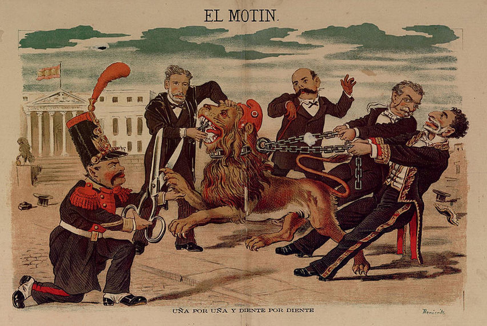 Caricatura de Eduardo Sojo en El Motín, publicada el 16 de octubre de 1881. De izquierda a derecha: Becerra, Montero Ríos, Castelar, Cánovas y Sagasta.