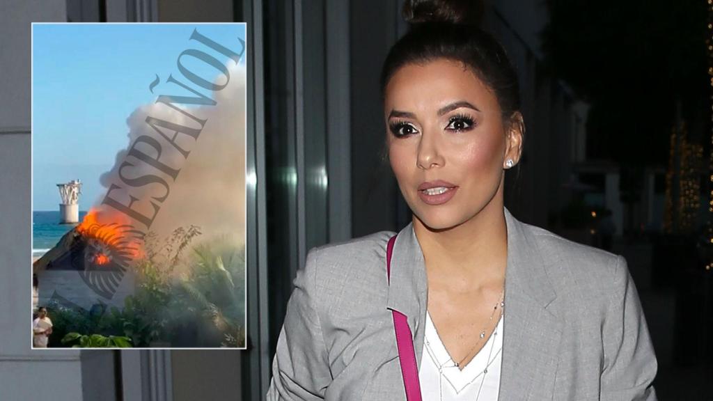 Eva Longoria junto a una imagen del vídeo que demuestra el incendio del chiringuito.