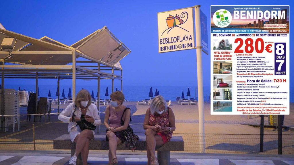 Imagen de las playas de Benidorm y del cartel anunciador de los viajes.