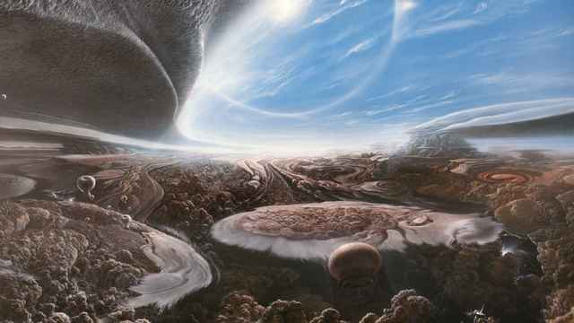 Vida extraterrestre en las nubes de Júpiter según la hipótesis de Carl Sagan y Edwin Salpeter, ilustrado por Adolf Schaller.