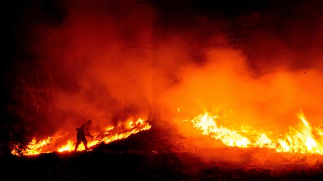 Un bombero lucha para contener el avance del fuego en el Bosque Nacional de Los Ángeles.