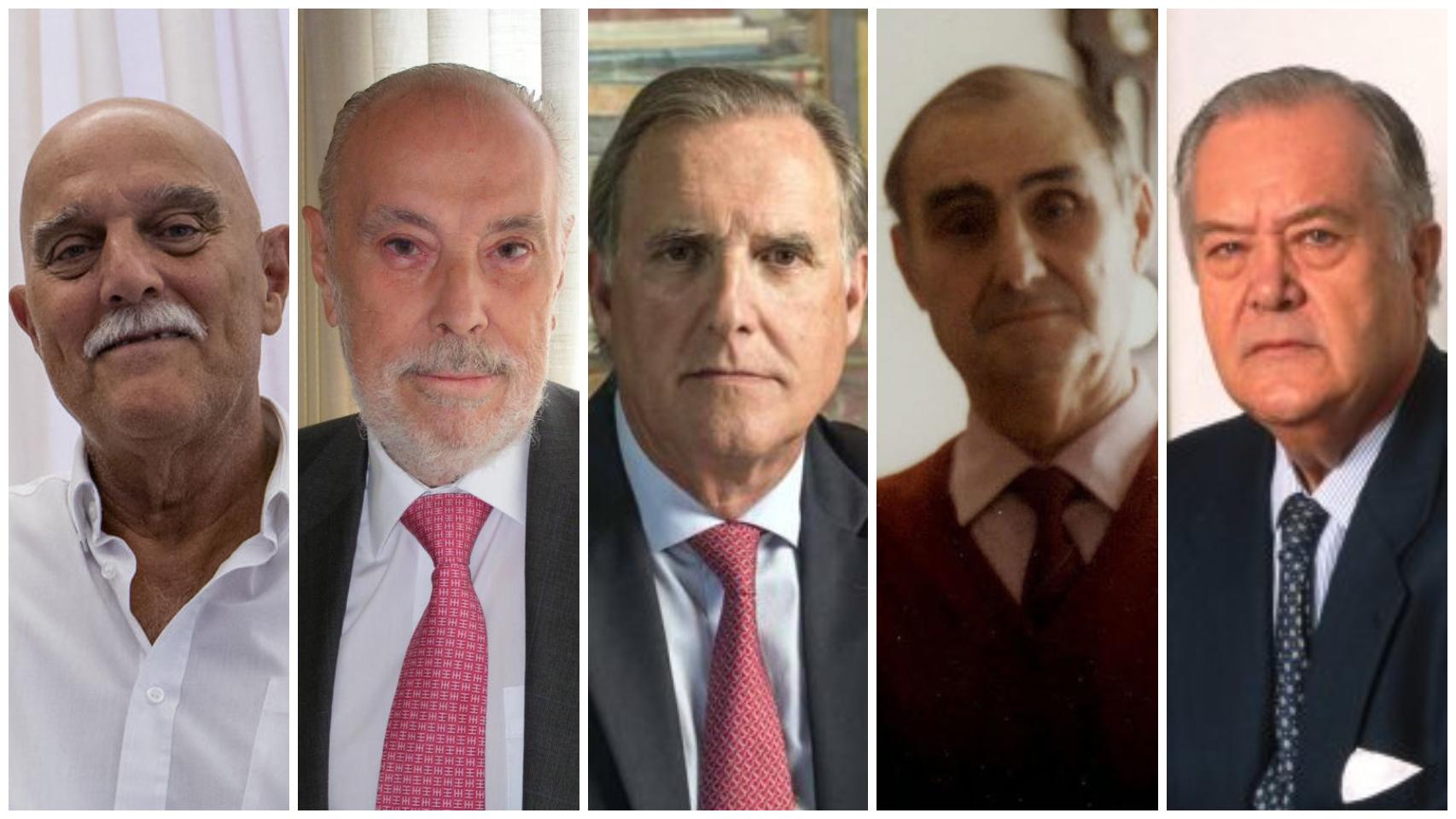 De izquierda a derecha, dos nobles que conservarán el título, Ramiro de Maeztu y Manso de Zúñiga y José Antonio Torroja Cavanillas  y tres que no: José María Arias Mosquera, Luis Carrero-Blanco y Pichot y Santiago Ybarra y Churruca.