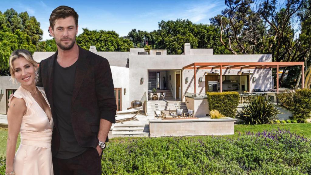 Elsa Pataky y Chris Hemsworth, junto a la casa que venden en Malibú, en un fotomontaje de Jaleos.