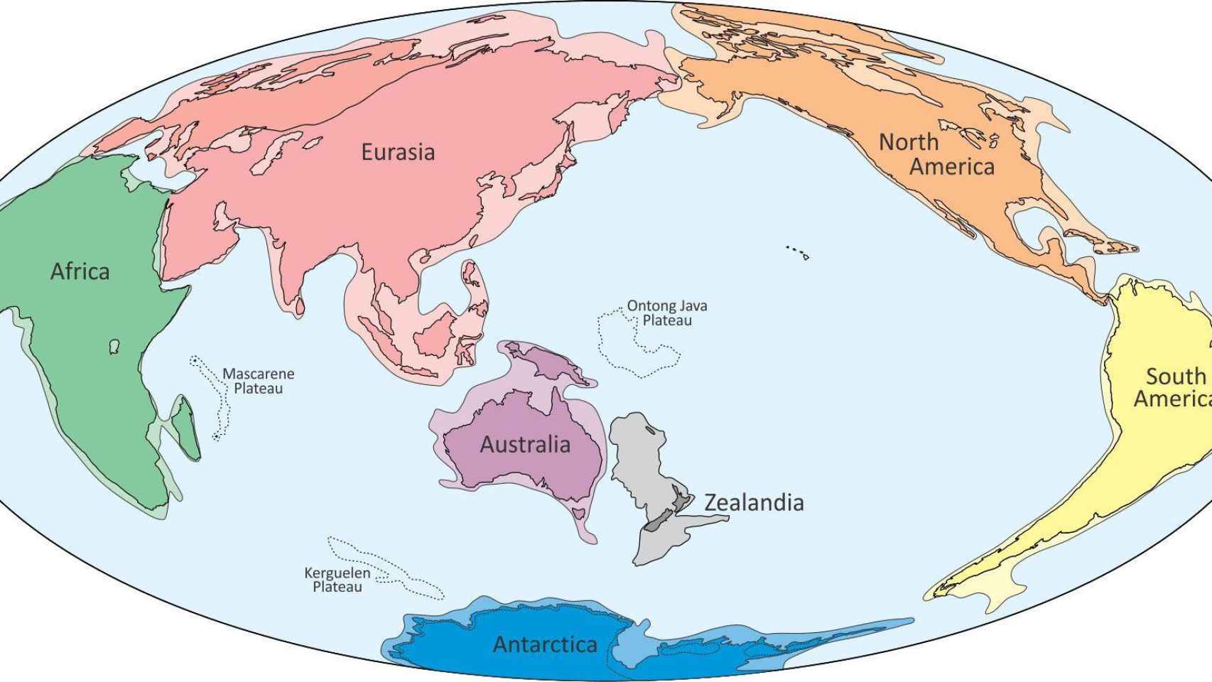 Mapa mundi con el séptimo continente, Zelandia.