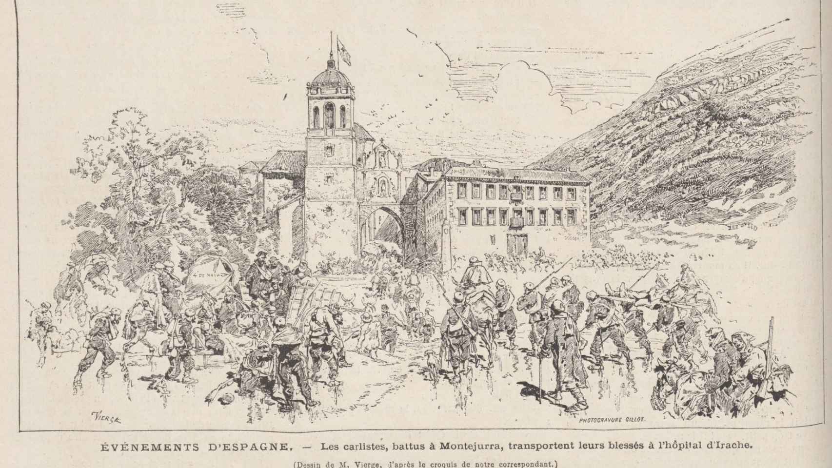 Los carlistas, derrotados en Montejurra, transportan a sus heridos al hospital de Irache.