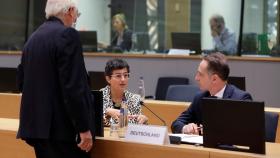 Josep Borrell, Arancha González y el alemán Heiko Maas, durante la reunión de este lunes en Bruselas