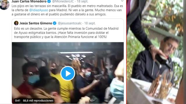 Monedero, el mismo día, fustiga a los 'pijos en la terraza' y come en una terraza 'pija'.