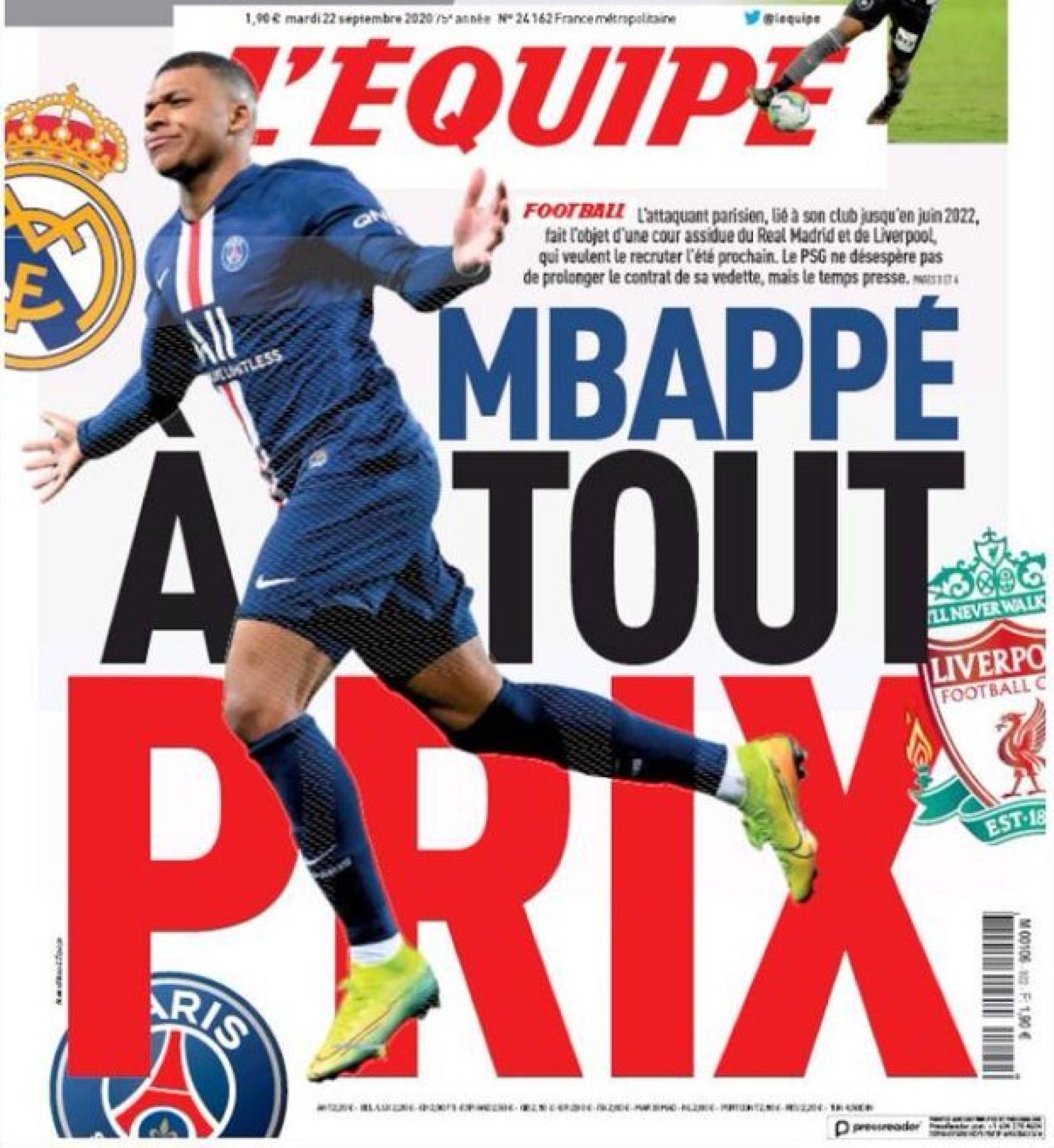 La portada del diario L'Équipe (22/09/2020)