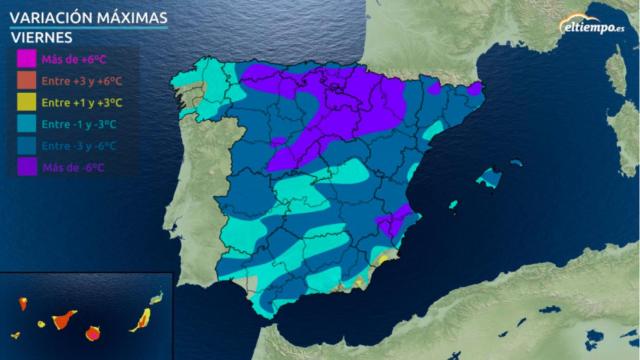 Variaciones de temperaturas previstas para el viernes 25 de septiembre. Eltiempo.es