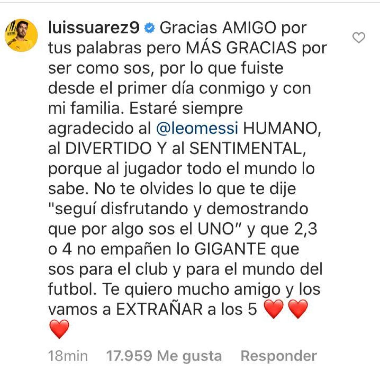 Respuesta de Suárez a la publicación de Messi