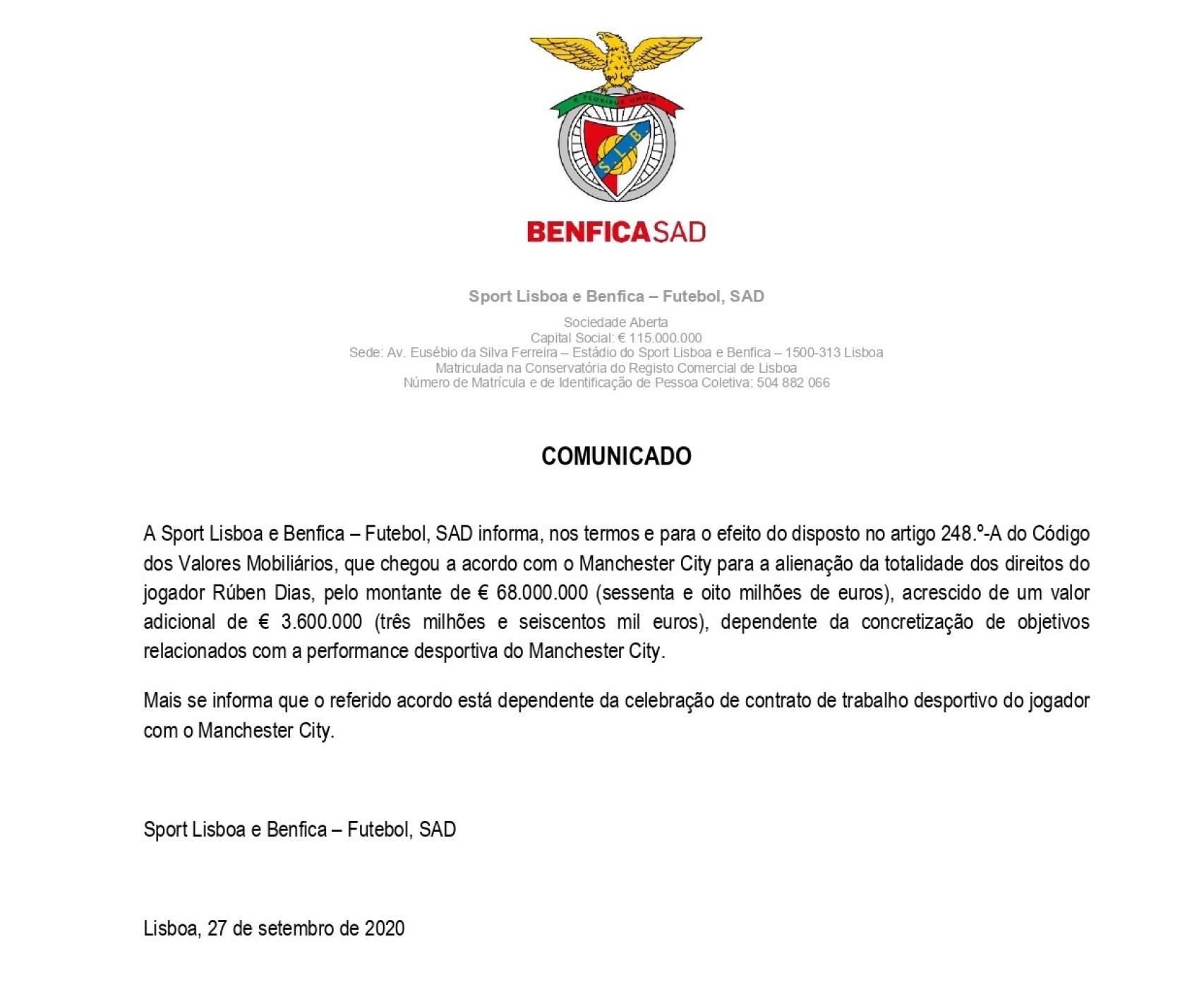 La nota del Benfica a la CMVM de Portugal anunciando la salida de Rubén Dias