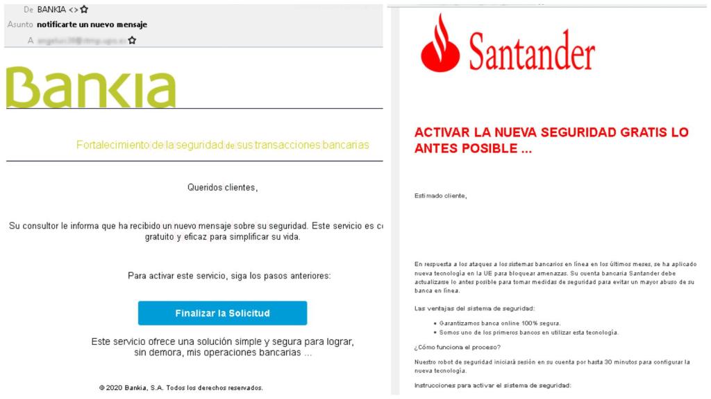 Imagen de los correo falsos de Bankia y el Banco Santander que tienen como fin robarle sus credenciales y su información bancaria.