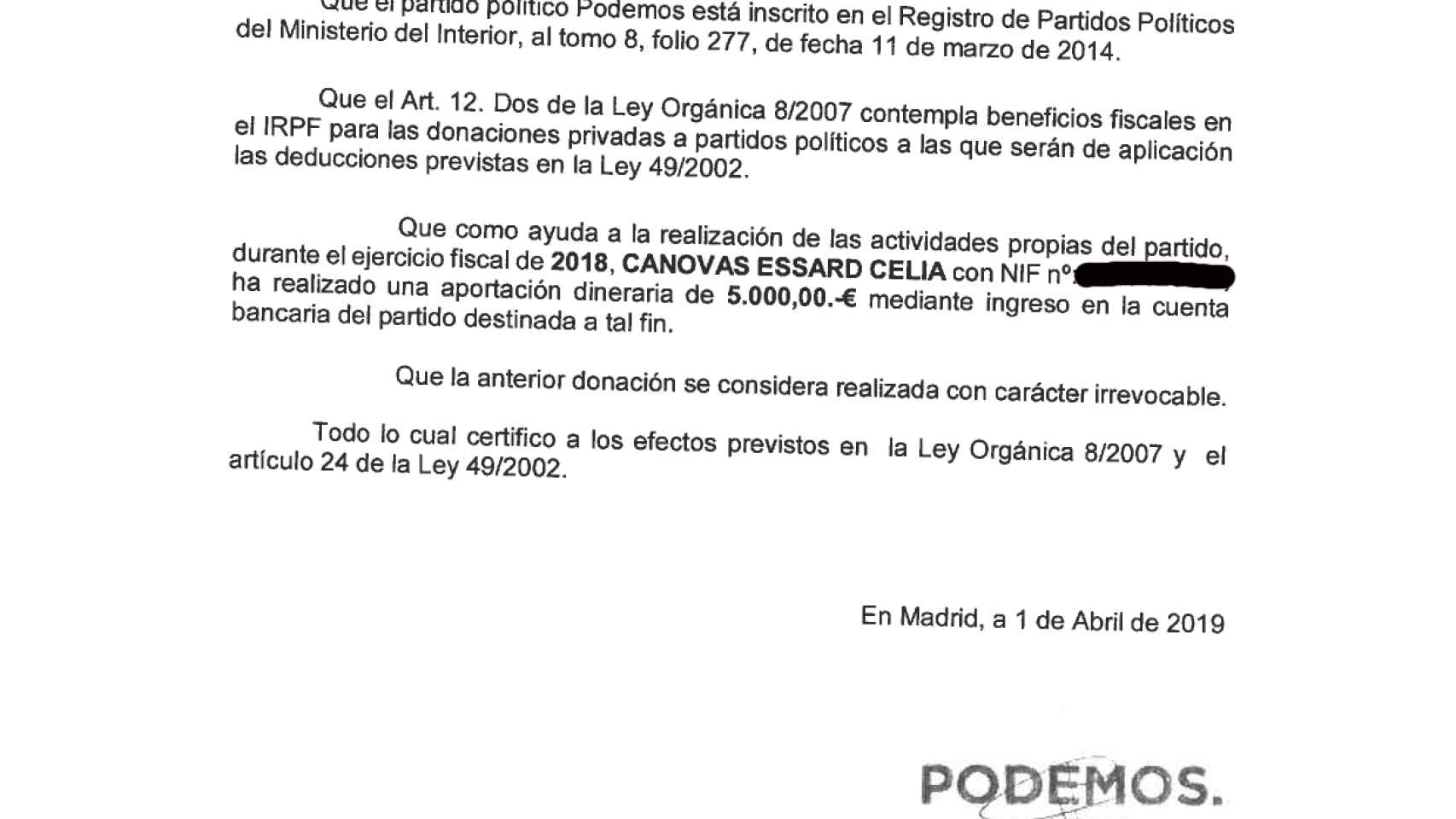Certificado emitido por Podemos a la exsenadora Celia Cánovas.