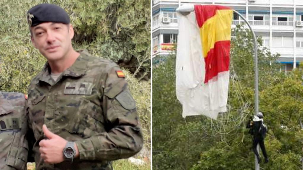 El cabo primero Pozo se quedó enganchado a una farola durante el desfile del 12-O de 2019.