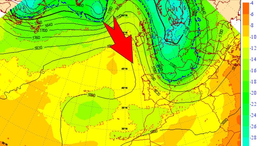 El descuelgue de aire frío en altura que se desplaza en dirección al Mediterráneo. AEMET/SINOBAS.