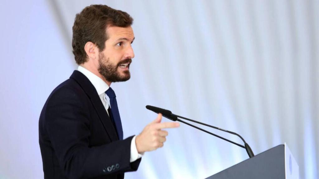 El presidente del PP, Pablo Casado, en la clausura de la Asamblea de la Empresa Familiar, este jueves en Toledo. Foto: Óscar Huertas