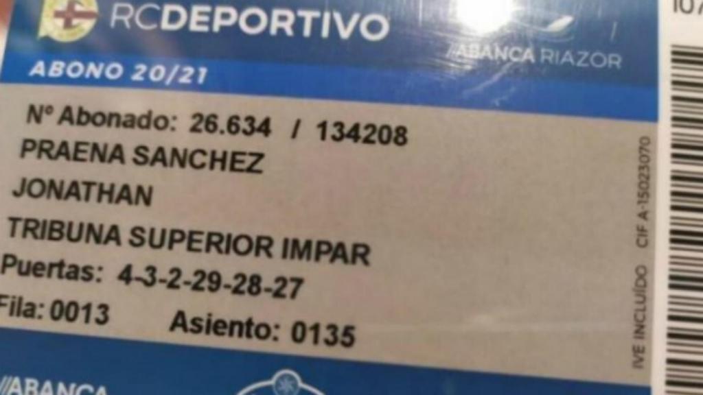 El carnet de socio del Deportivo de La Coruña de Jonathan Praena