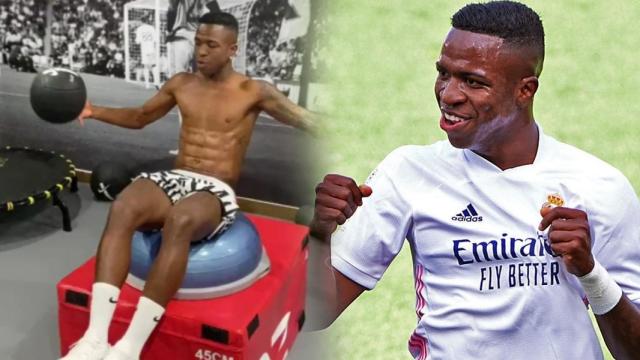 Vinicius Jr durante uno de sus entrenamientos y celebrando uno de sus goles de esta temproada en un fotomontaje