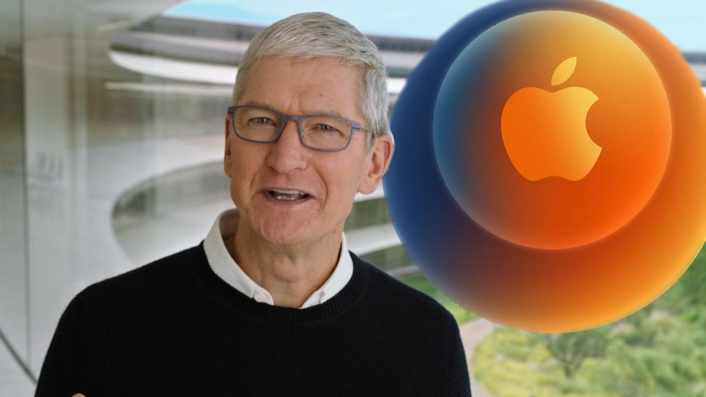 Tim Cook, CEO de Apple, y el logo del evento.