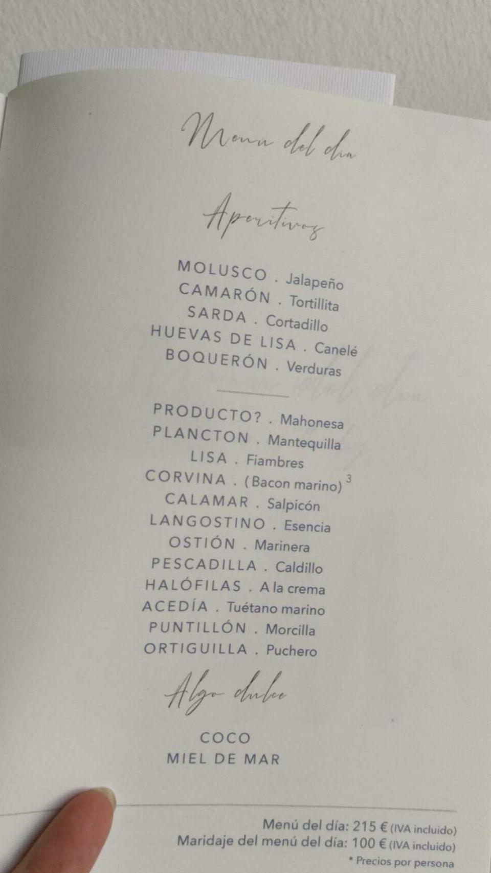 Carta del restaurante Aponiente de Ángel León.