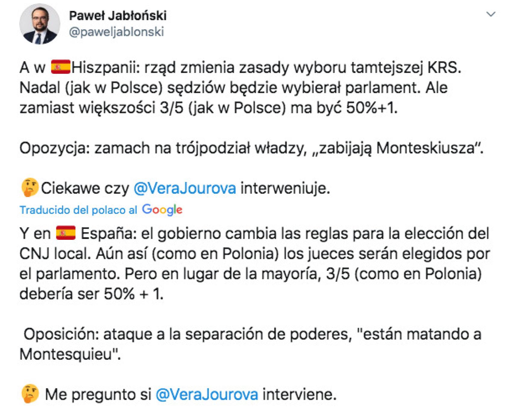 Tuit difundido por el 'número dos' de Exteriores polaco, Pawel Jablonski.