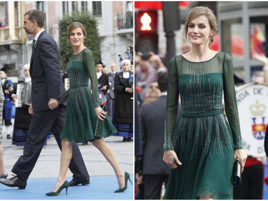 Letizia se arriesgó con este vestido verde botella con brillos que recibió grandes críticas.