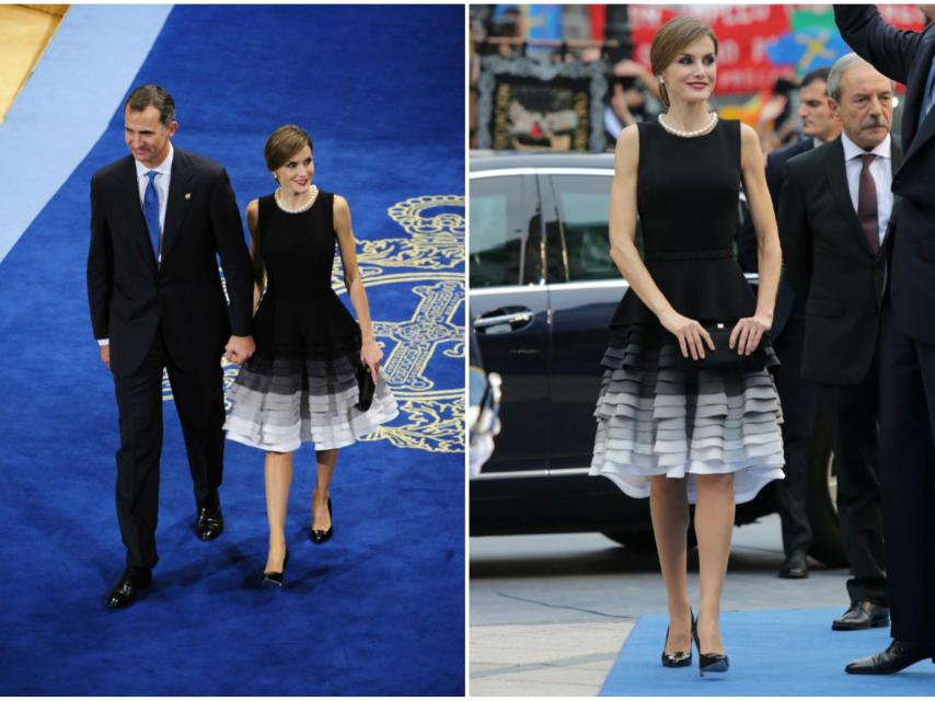 Letizia optó por un original vestido negro que combinó con un collar de perlas.