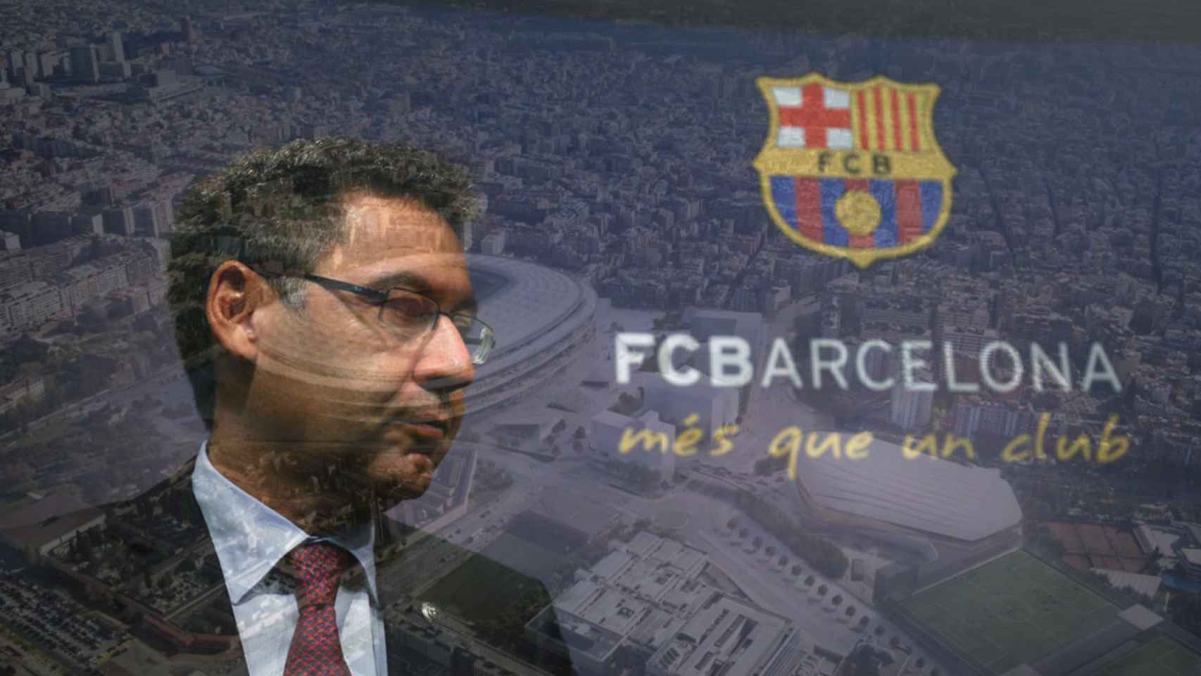Josep María Bartomeu y el nuevo Espai Barça de fondo en un fotomontaje