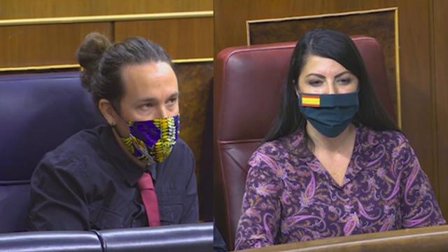 Fotomontaje de Pablo Iglesias y Macarena Olona en la sesión de control este miércoles.