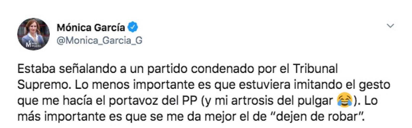 Tuit de la diputada Mónica García.