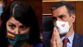 Fotomontaje con Macarena Olona y Pedro Sánchez luciendo una mascarilla con la bandera de España.