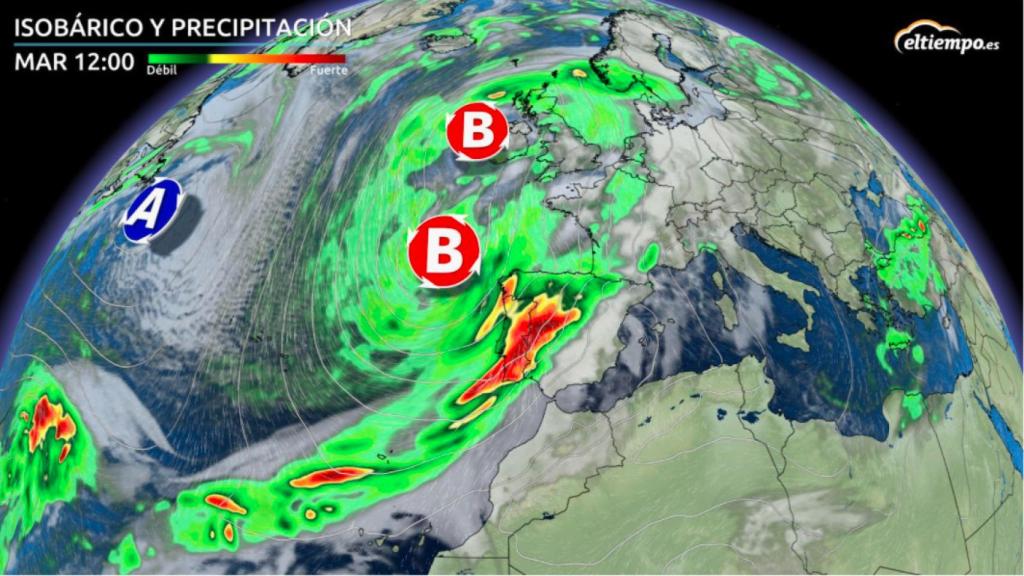 Previsión de la llegada de la borrasca atlántica el martes 20 de octubre de 2020. Eltiempo.es.