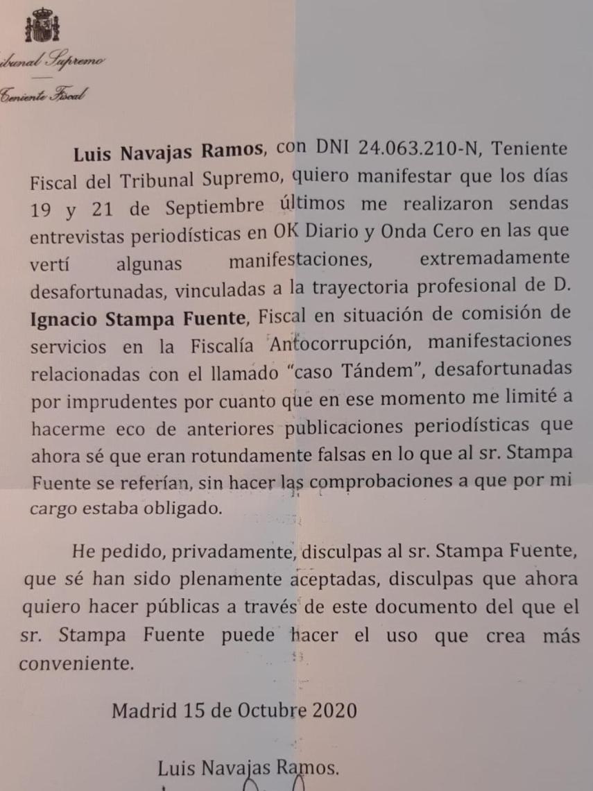 Escrito de disculpa de Luis Navajas a Ignacio Stampa.
