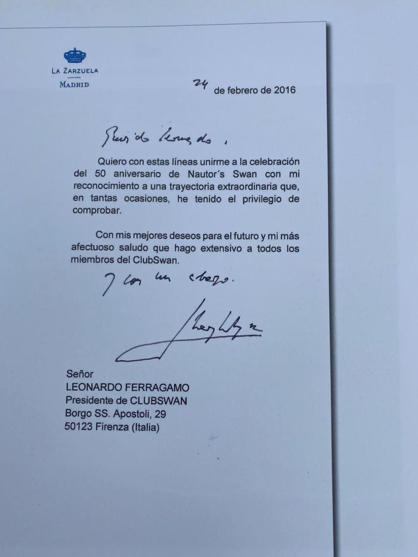La carta que Zarzuela envió a Leonardo Ferragamo para felicitar a Swan en su aniversario.