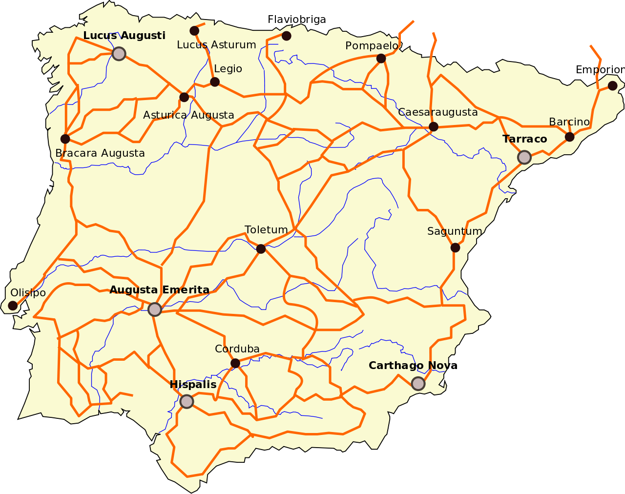 Principales calzadas de la Hispania romana. https://es.wikipedia.org