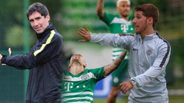 Unai Melgosa y Albert Bosch, junto a la celebración del Ferencvaros tras su clasificación para la fase de Grupos de la Champions League en un fotomontaje