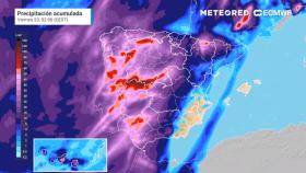 Previsión de precipitaciones acumuladas que dejará Bárbara a su paso. Meteored.