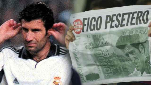 Luis Figo y las pancartas del Camp Nou en su primera visita con el Real Madrid